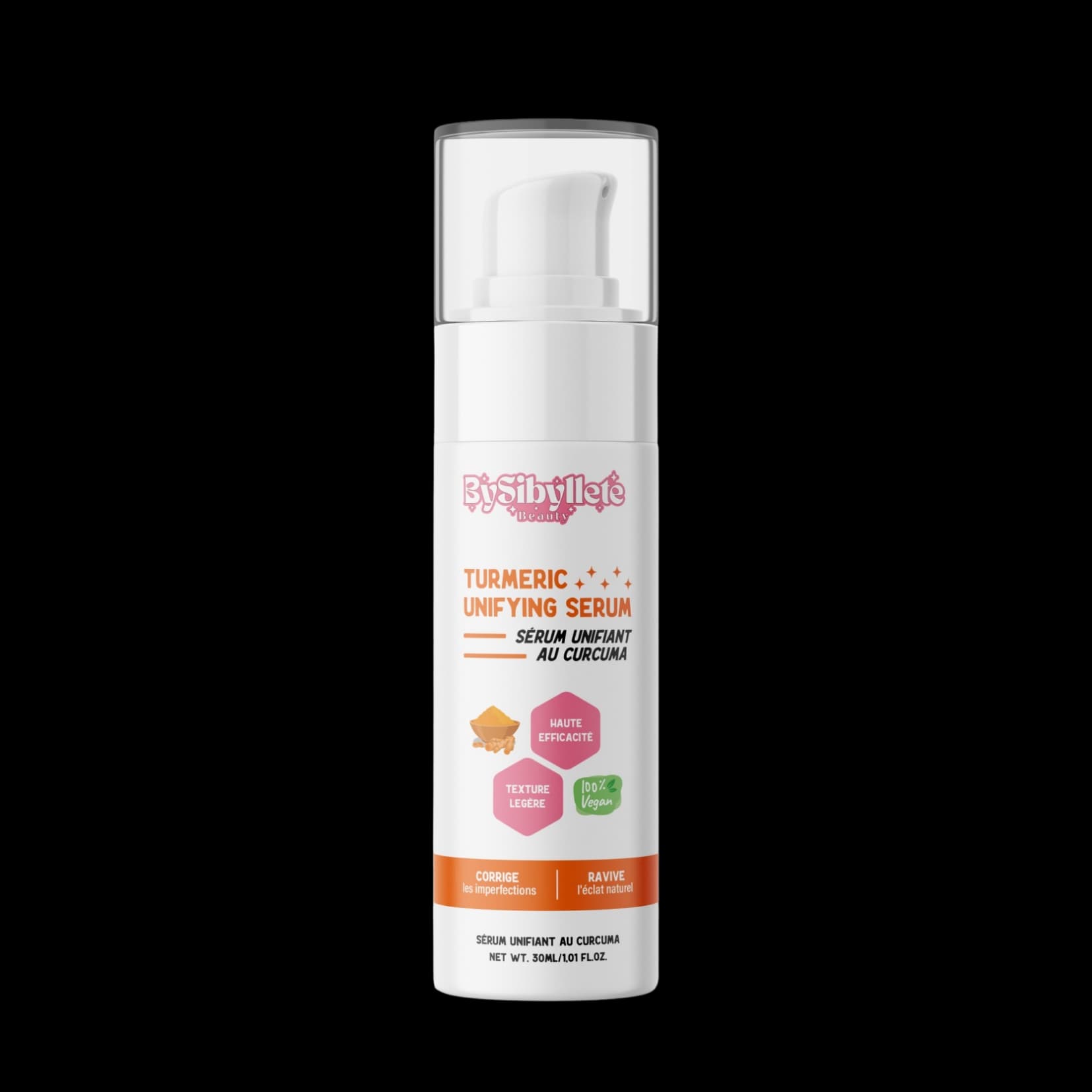 Flacon-pompe de 30ml du Sérum Unifiant au Curcuma (Turmeric Unifying Serum) By Sibyllete, un soin vegan à la texture légère pour corriger les imperfections.