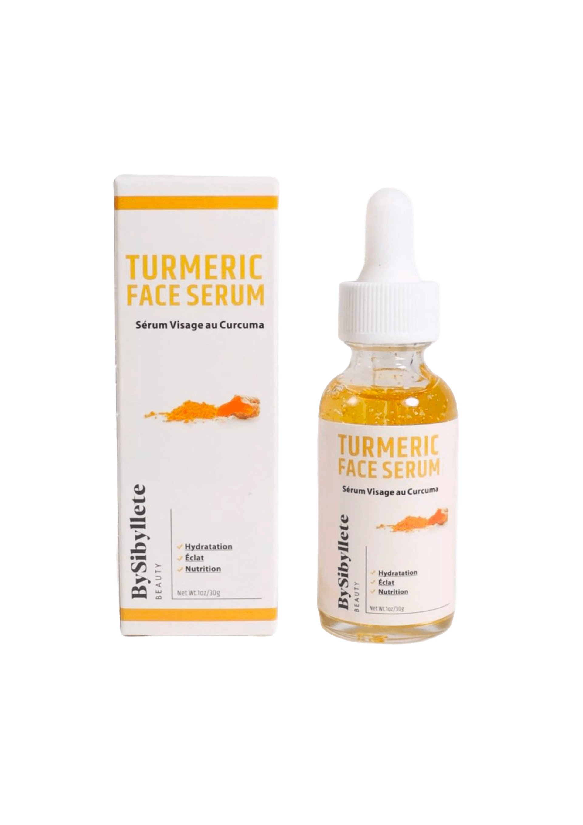 Flacon en verre à pipette et son étui cartonné du Sérum Visage au Curcuma By Sibyllete (30g) présentés sur fond noir.