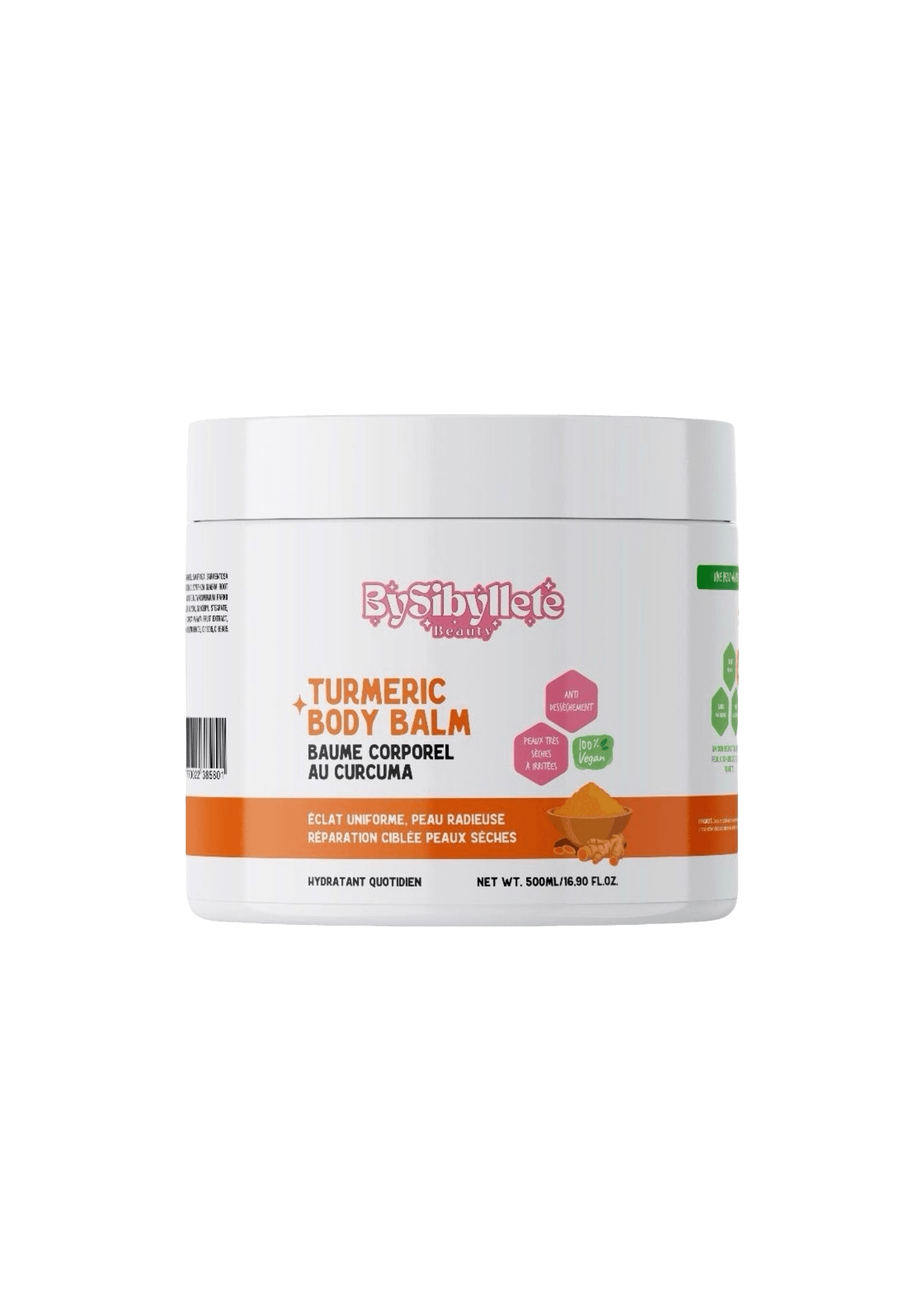 Pot blanc de baume corporel au curcuma « Turmeric Body Balm » (500 ml) de la marque BySibyllete Beauty, conçu pour les peaux très sèches.