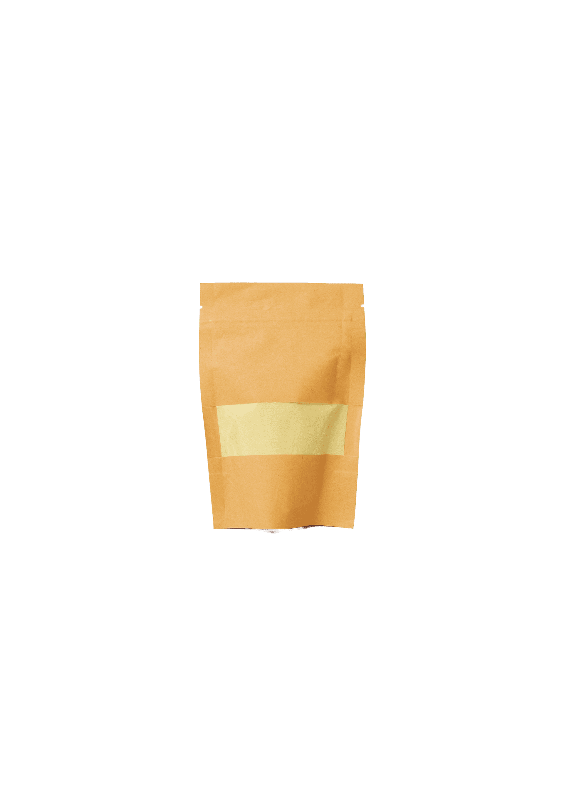 Sachet en papier kraft avec fenêtre transparente dévoilant une poudre jaune