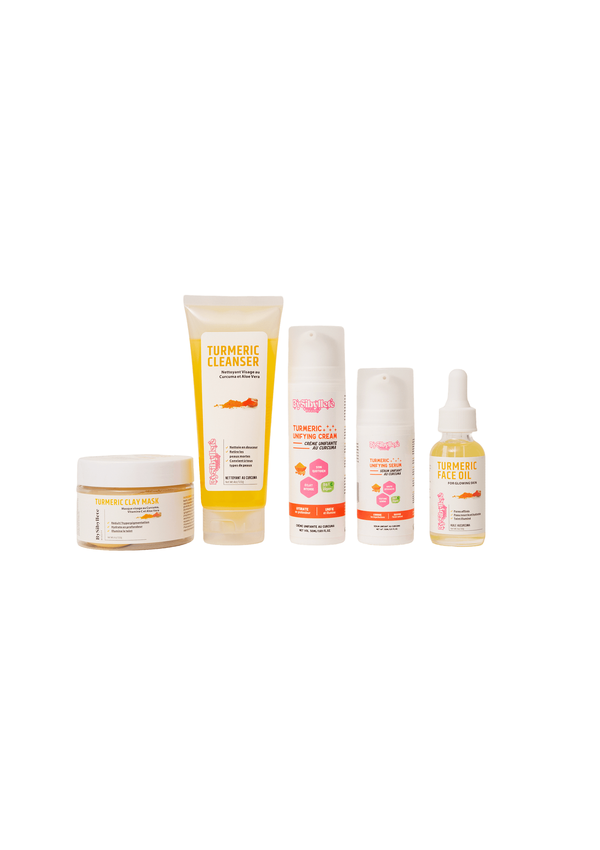Gamme de cinq soins cosmétiques au curcuma BySibyllete Beauty alignés
